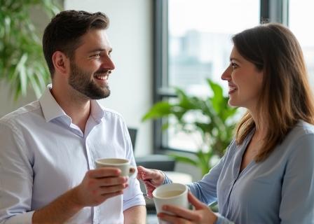 Due colleghi che discutono cordialmente durante un coffee break lavorativo