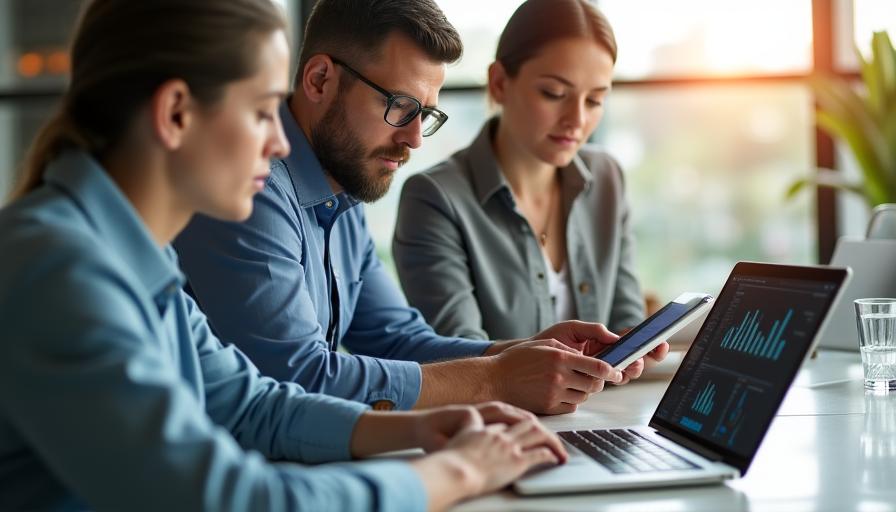 Professionisti che collaborano in un ufficio moderno con tecnologie HR